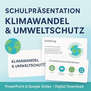 Könnte beinhalten: Eine digitale Präsentation zum Klimawandel und Umweltschutz. Der Titel ist in großem blauen Text gehalten. Die Präsentation enthält Folien mit Diagrammen und Text, darunter die Wörter "Einleitung" und "Umweltschutzmaßnahmen."