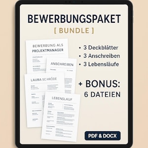 Może przedstawiać: Tablet cyfrowy wyświetla pakiet CV z tekstem "BEWERBUNGSPAKET [BUNDLE]" (Pakiet aplikacji). Pakiet zawiera listy motywacyjne, aplikacje i CV. Bonus: 6 plików. Format PDF i DOCX.
