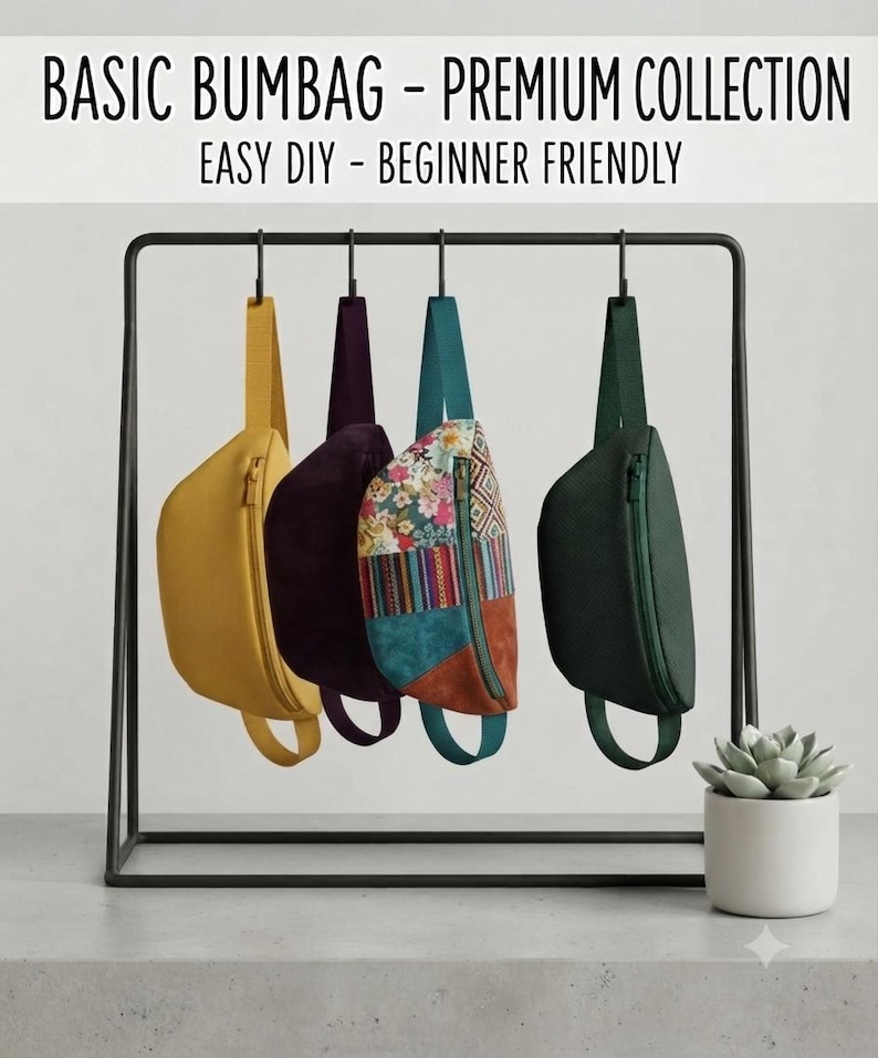 May include: Four bumbags hanging on a black metal rack, labelled BASIC BUMBAG - PREMIUM COLLECTION EASY DIY - BEGINNER FRIENDLY. The bags are mustard yellow, deep purple, a multi-coloured floral and geometric pattern, and dark forest green.