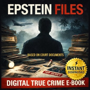 Puede incluir: Portada de libro electrónico de crímenes reales digitales con el título "EPSTEIN FILES" en blanco y rojo. La imagen presenta la silueta de un hombre, montones de documentos y el texto "BASED ON COURT DOCUMENTS". Un sello dorado dice "INSTANT DOWNLOAD".