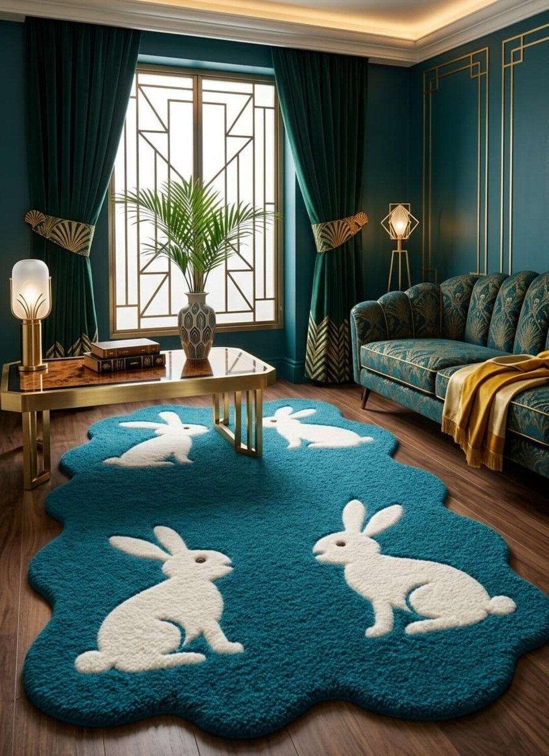 Hand-tufted Blue Rabbit Rug – Whimsical Scalloped Nursery Carpet, Plush ...