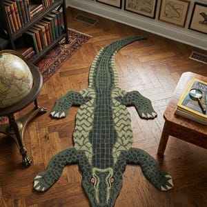 May include: A rug shaped like a crocodile with a dark green textured back, lighter green patterned sides, and four feet with white claws. The crocodile has a long tail, a pointed snout, and two visible eyes with orange and black details.