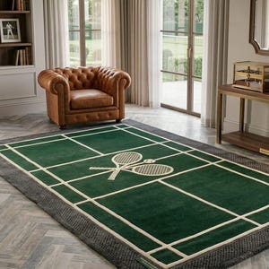 Peut inclure: Un tapis rectangulaire présentant un champ vert foncé avec des lignes blanches imitant le tracé d'un court de tennis. Au centre, deux raquettes de tennis blanches sont croisées derrière une balle de tennis blanche. Le tapis a une bordure gris foncé.
