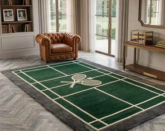 Tapis de court de tennis en laine tufté à la main - Tapis vert à motif de raquette, décoration de salon moderne