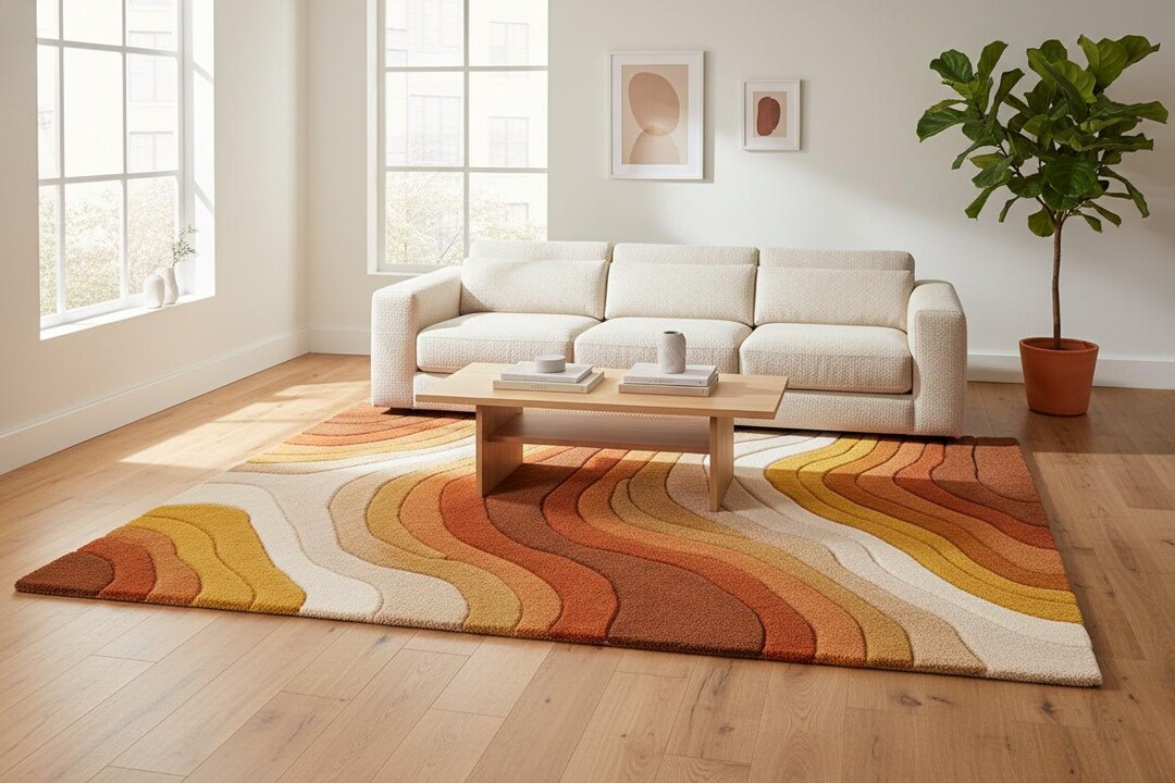 Hand - Tufted Abstract Wave Wool Area Rug for Modern Living Room Lounge ...