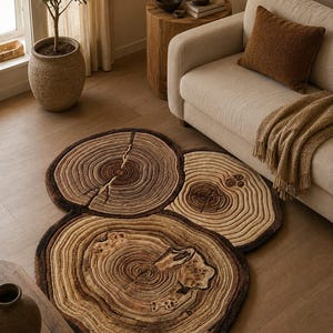 Peut inclure: Trois tapis circulaires avec un motif d'anneaux d'arbres dans des tons bruns et beiges. Les tapis sont disposés sur un sol en bois brun clair, avec un canapé, une table d'appoint et des objets décoratifs en arrière-plan. Les tapis ajoutent une touche naturelle et rustique à la pièce.