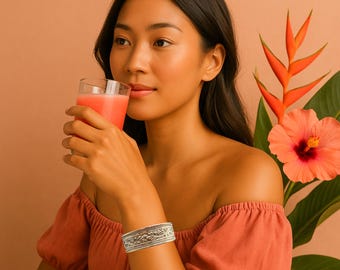 Handcrafted Thai Silver Cuff Bracelet: Plumeria Flower & Vine Design