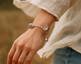Handmade 925 Silver Flower Bracelet: Thai Yao Beads, Lucky Bells
