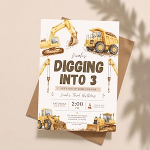 Construction Birthday Invitation | Digging Into 3 Birthday Invite | Excavator Birthday Invitation | Dump Truck Party Invite | Editable Canva