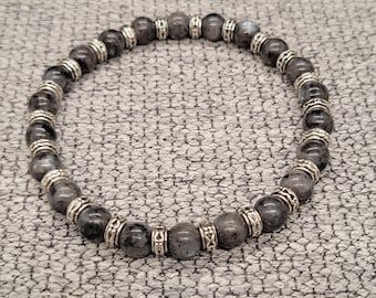 Black Labradorite Gemstone Men's Stretch Bracelet with 8mm Beads and Antiqued Tibetan Silver Spacer Beads UNISEX Mens Womens Ladies