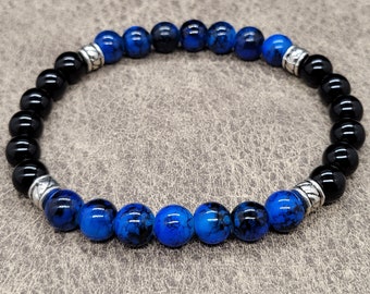 Blue Sodalite and Black Onyx Gemstone Men's Stretch Bracelet with 8mm Beads and Silver Spacers UNISEX Mens Womens Ladies