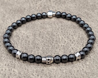 Silver Skull Hematite Men's Stretch Bracelet with 6mm Hematite, 2 Silver Skull Accent Beads, and Silver Spacers UNISEX Mens Womens Ladies