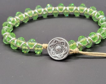 Sparkly Green Crystal Goddess Bracelet with Austrian Crystal Beads, Solid Bright Silver Metal Rings, Silver Button - Ladies Womens