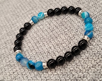 Faceted Blue Stripe Agate and Black Onyx Gemstone Men's Stretch Bracelet with 8mm Beads and Silver Spacers UNISEX Mens Womens Ladies