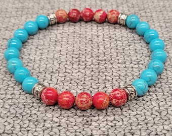 Red Imperial Jasper and Blue Turquoise Men's Stretch Bracelet with 8mm Beads and Silver Accent Spacers UNISEX Mens Womens Ladies