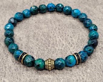 Green Blue Chrysocolla Faceted Gemstone Men's Stretch Bracelet with 8mm Beads, Gold Accent, Black Crystal Spacers UNISEX Mens Womens Ladies
