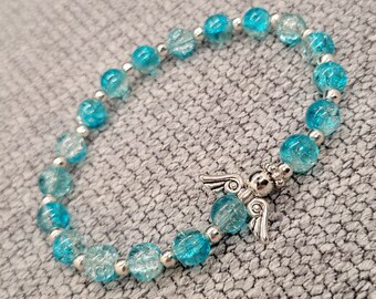 Sparkly Blue Angel Stretch Bracelet with Blue Crackle Glass Beads, Silver Angel Wings Accent, and Silver Ball Accents Ladies Womens Teen