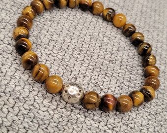 Tiger's Eye Gemstone Men's Stretch Bracelet with 8mm Beads and Hammered Antique Silver Accent Bead UNISEX Mens Womens Ladies