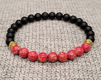 Red Imperial Jasper and Matte Black Onyx Men's Stretch Bracelet with 8mm Beads and Dark Gold Accent Spacers UNISEX Mens Womens Ladies