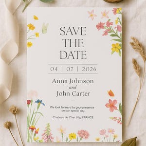 May include: A floral wedding invitation with the text "SAVE THE DATE" and the date "04 | 07 | 2026". The names "Anna Johnson and John Carter" are also displayed. The invitation is decorated with watercolor flowers.