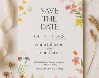 Florale Save the Date Karte - Hochzeitseinladung - Botanische Hochzeitsankündigung - Elegante Vorlage