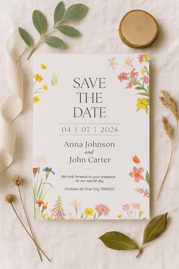 Florale Save the Date Karte - Hochzeitseinladung - Botanische Hochzeitsankündigung - Elegante Vorlage