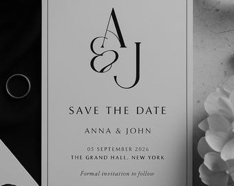 Save the Date Wedding Card • Minimalist Monogram Invitation • Black and White Design • Printable Wedding Invitation
