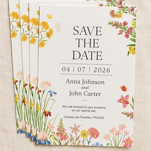 May include: A stack of floral "Save the Date" cards. The cards feature watercolor illustrations of yellow, pink, red, and blue flowers. The text reads "SAVE THE DATE" and includes the date, names, and location.