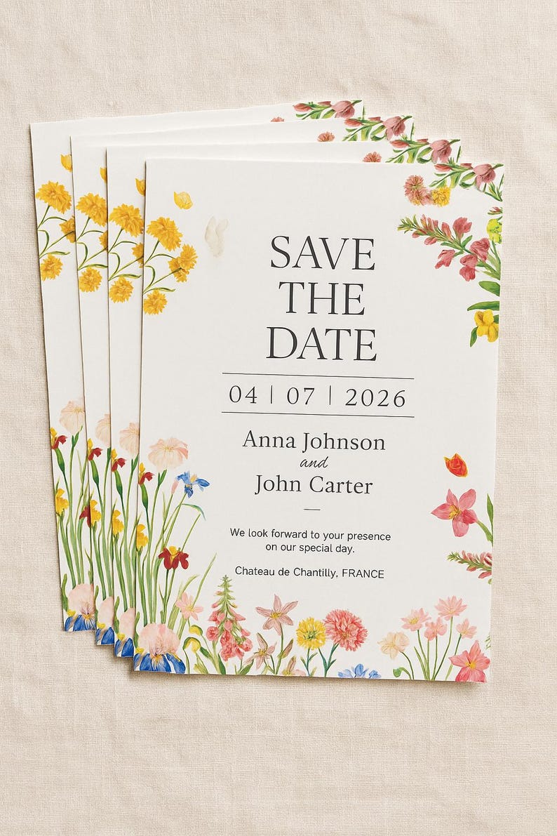May include: A stack of floral "Save the Date" cards. The cards feature watercolor illustrations of yellow, pink, red, and blue flowers. The text reads "SAVE THE DATE" and includes the date, names, and location.