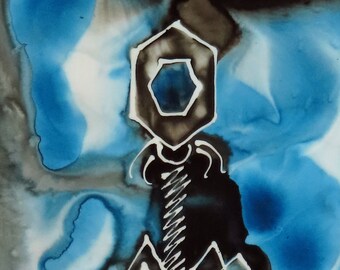 Black and Blue Bacteriophage: Original Ink painting on Yupo (poly paper) Science Art