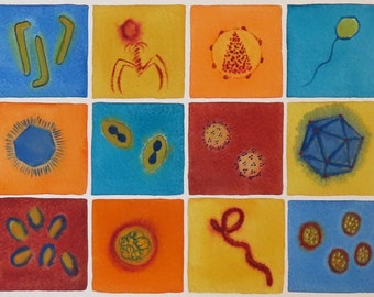 Viral Riches – Original-Aquarellmalerei von Viren – Mikrobiologie-Kunst