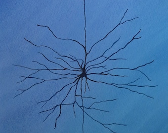 Purple Pyramidal Cell after Cajal- original watercolor painting of brain cell - neuroscience art