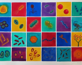 Beautiful but Deadly - original watercolor painting of bacteria and viruses - biology art