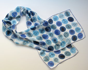 Virus Dots Silk Chiffon Scarf - blue on white