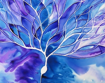 Purkinje Neuron in Purple and Blue - original ink painting of brain cell - neuroscience art