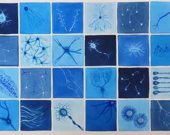 Blue Brain Cells - original watercolor painting of neurons - Neuroscience Art