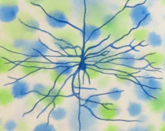 Vintage-style Pyramidal Cell in Green and Blue - original watercolor painting of neuron - neuroscience art