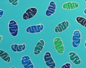 Green and Blue Mitochondria - original watercolor painting - cell biology art