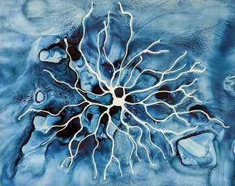 Indigo Retinal Neuron - original ink painting of ganglia- neuroscience art