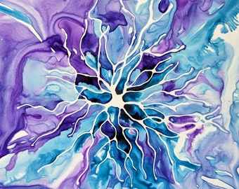 Retinal Neuron in Purple and Blue - original ink painting of ganglia- neuroscience art