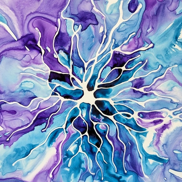 Neurone rétinien en violet et bleu - peinture à l'encre originale de ganglions - art neuroscience
