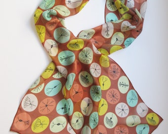 Neuron Dots Silk Chiffon Scarf - sage and gold on rust