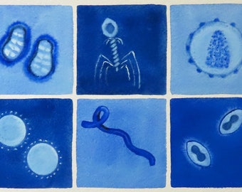 Blue Viruses - original watercolor painting - microbiology art