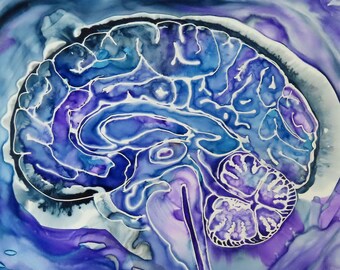 Blue and Purple Ink Brain, Sagittal View  -  original ink painting on yupo - neuroscience art