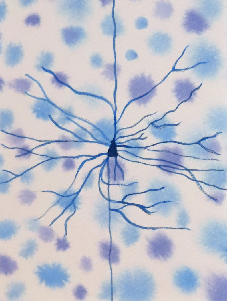 Vintage-style Pyramidal Cell original watercolor painting of neuron neuroscience art image 1