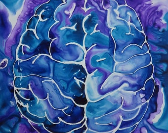 Big Blue and Purple Brain -  original ink painting on yupo - neuroscience art