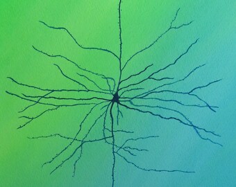 Pyramidal Neuron after Cajal- original watercolor painting of brain cell - neuroscience art