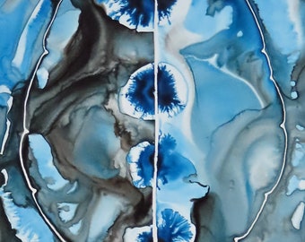 Down Deep Blues Brain  -  original ink painting on yupo - neuroscience art