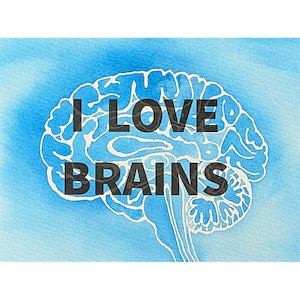 May include: Watercolor illustration of a brain with the words "I LOVE BRAINS" in black text. The brain is white with blue accents, set against a light blue watercolor background.