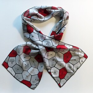 May include: A white and red silk scarf with a geometric pattern of black outlined hexagons. Each hexagon features a stylized image of a neuron.